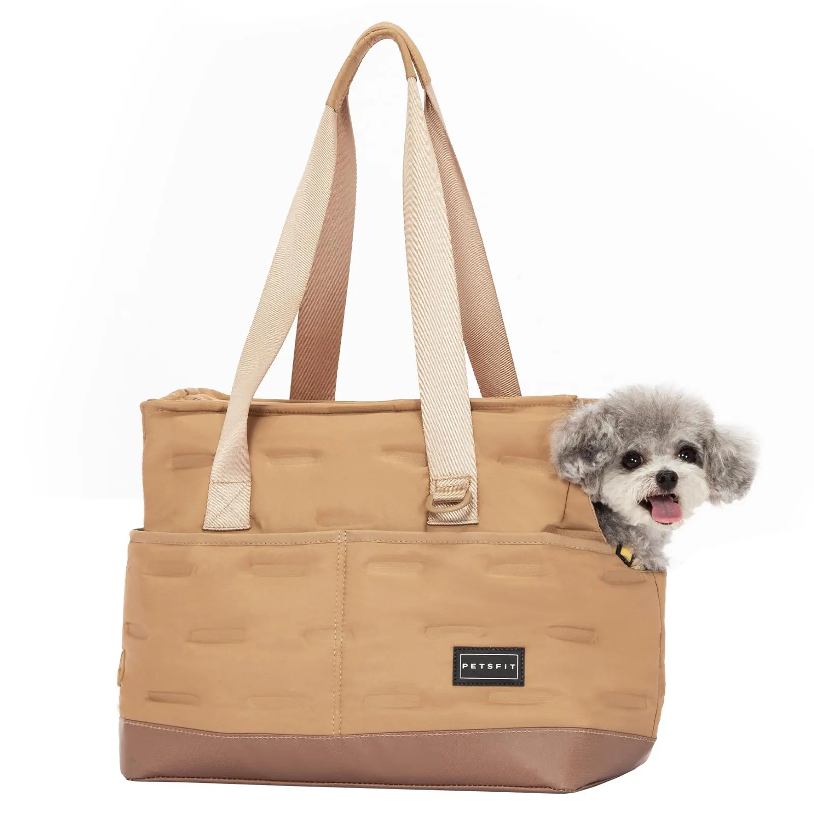 Petsfit Small Dog Carrier Purse, Portable Pet Carrier Tote Cat Carrier with Pockets, Adjustable Safety Leash, Poop Dispenser, Waterproof TPU Bottom,Khaki