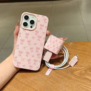 Bowknot iPhone Case Set, Includes Charger Cover & Cable Protector, Anti-Drop Tpu Shell for iPhone Models 6-16 Pro Max