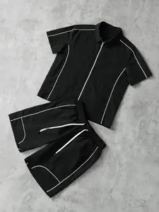Simple Sportswear Set, Zipper Collar Short Sleeve + Side Stripe Shorts Design, Casual Fashion Daily Wear Comfortable Practical, Sweatsuit Sets, Sweatsuit Loose, Athleisure Activewear Set