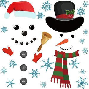 3 Sheets Christmas Snowflake Snowman Decor Sticker Snowman face Door Decal Funny Refrigerator Craft Stickers with Eye Large Cute Window Wall Cling for Xmas Garage Home Office Supplies