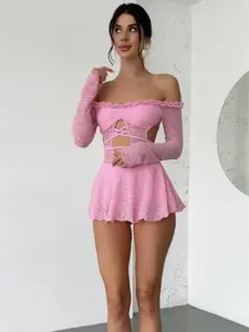 Cute Ruffle Trim Mesh Material Off shoulder Hollowed out lace up Romper