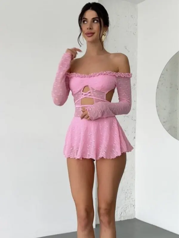 Cute Ruffle Trim Mesh Material Off shoulder Hollowed out lace up Romper