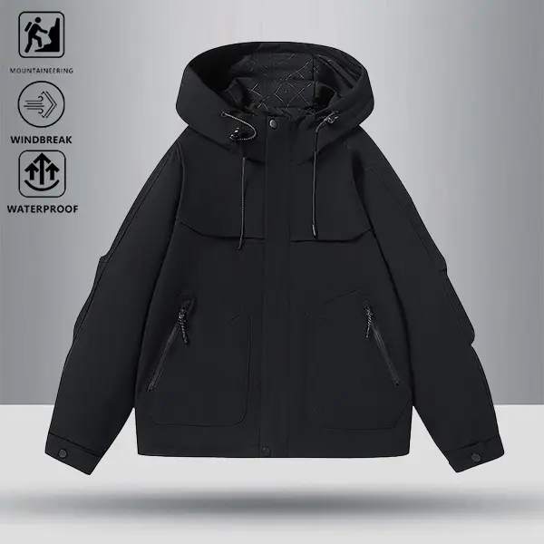 Men's Minimalist Solid Color Windproof and Waterproof Hooded Jacket, Suitable for Outdoor Mountaineering and Hiking