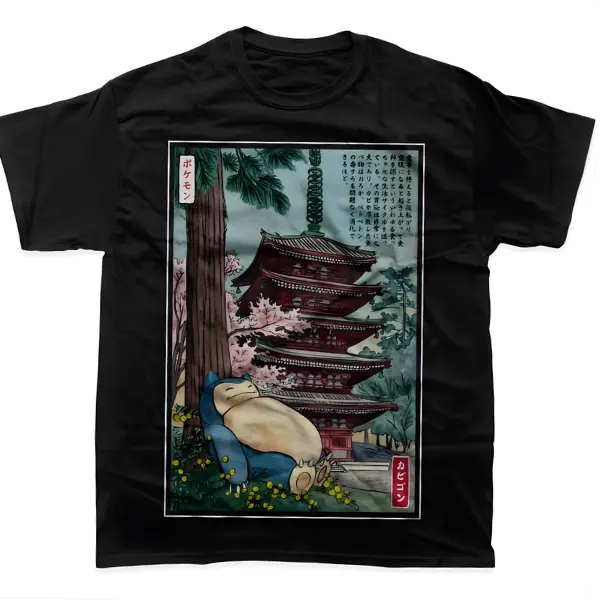 Sleepy Monster Anime Graphic Tee, Vintage Cute Creature T-Shirt, Retro Japanese Manga Style Shirt, Cozy Streetwear Casual Cotton Crewneck Tshirt Cartoon Print Tee Tropical