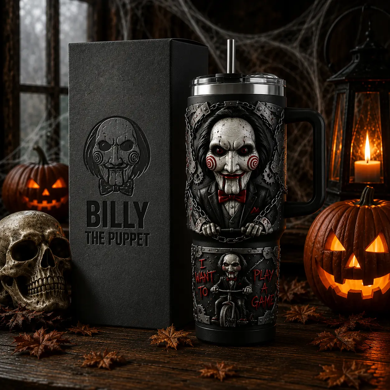 Sipora4U Billy the Puppet Saw 40oz Stainless Steel Tumbler with Handle & Straw, Double Wall Insulated Horror Movie Travel Mug, Jigsaw Halloween Cup, Saw Collector Drinkware, Horror Fan Gift