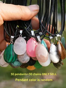 30Pcs Natural Stone Mix Crystal Drop Pendants with Black Leather Necklace DIY Jewelry Making Kit Random Color Bohemian Teardrop Bead Necklaces Set