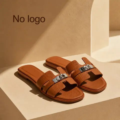 Women's Classy Fashionable Brown Leather Open-Toe Sandals - Silver Buckle Fastened, Flat Design, Summer Comfortable Women's Sandals, Fashionable Leather Sandals