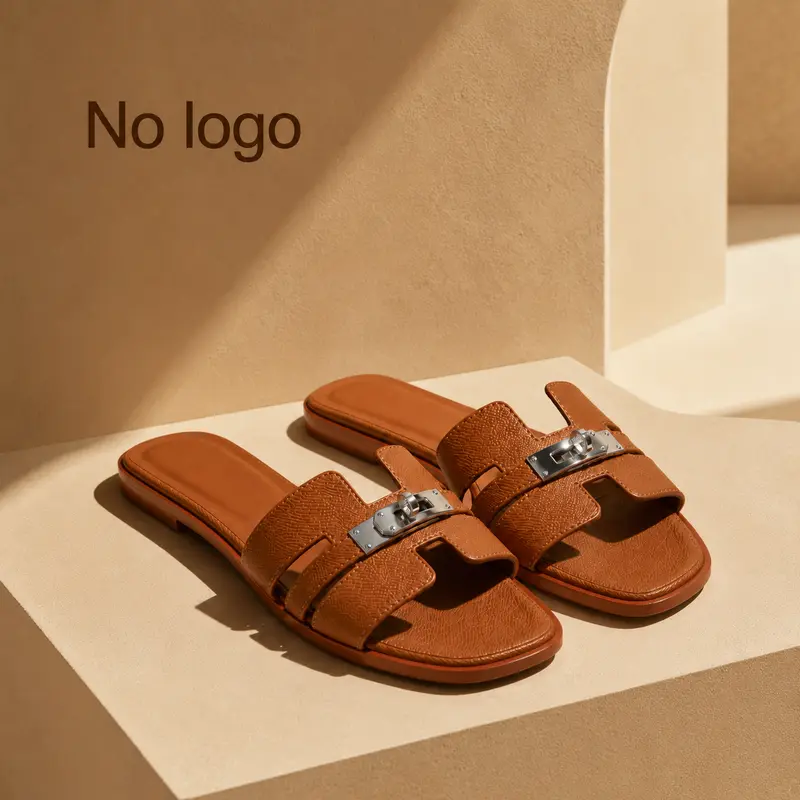 Women's Classy Fashionable Brown Leather Open-Toe Sandals - Silver Buckle Fastened, Flat Design, Summer Comfortable Women's Sandals, Fashionable Leather Sandals