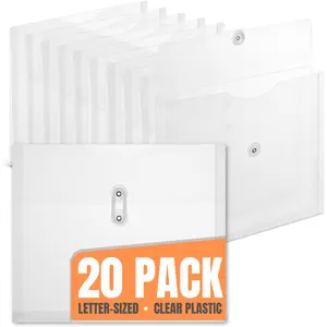 Poly Expandable Clear Plastic Envelopes with Button & String Closure, Letter Size, Clear, 20 Pack