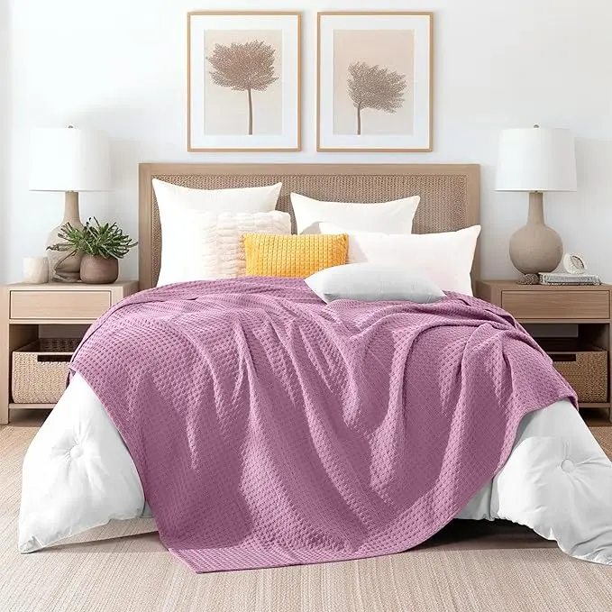 Mocassi Cotton Waffle-Weave Soft Cooling Blanket - Breathable Texture, Hotel Premier Cozy Touch, Cotton Sleeping Throw Blanket, Soft Blankets