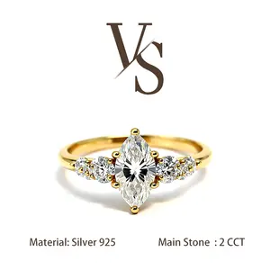 [Venus Jewelry] Synthetic Moissanite 2 CCT Marquise Cut Five Stone Design VVS 1 D Color Solid Silver 925 Solitare Ring