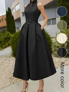 Elegant Women's Party Dress, Tie-Waist A-Line Skirt, Spring Summer New, Sleeveless V-Neck Commuter Dress for Urban Style Chic, Formal Wear