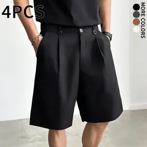 4PCS Office Commuter Style | Men’s Black Suit-Style Cropped Pants – Loose Straight Cut with Drapey Fabric, Versatile Casual Shorts,summervibes