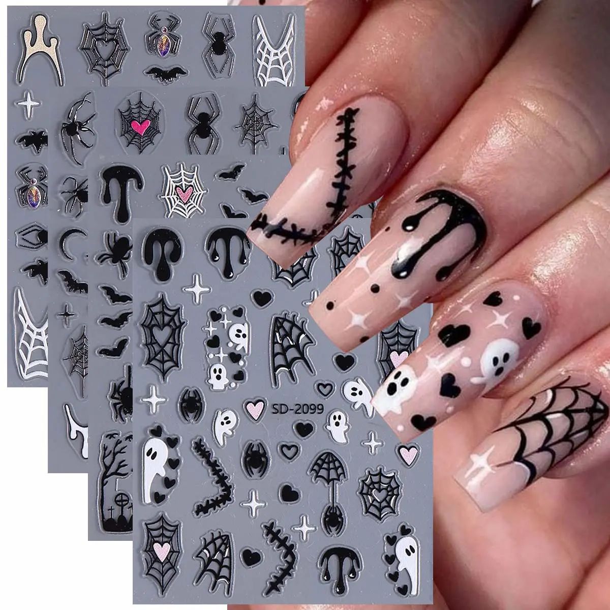 4 Sheets Halloween 3D Nail Stickers with Ghost Bat Spider Web Blood Design, Self-Adhesive DIY Nails Art for Women and Girls, Festive Nail Decoration