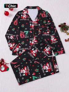 Women's Christmas Santa Star Gift Box Snowflake Letter Number Cane Print Long Sleeve Pajama Pants Set, Soft Comfortable Casual Sleepwear