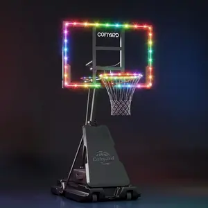 Outdoor basketball hoop, equipped with a 44-inch shock-proof backboard, with LED lights. Height 5.25 - 10 feet. Portable basketball hoop, with sandbags, adjustable basketball door, and wheels.