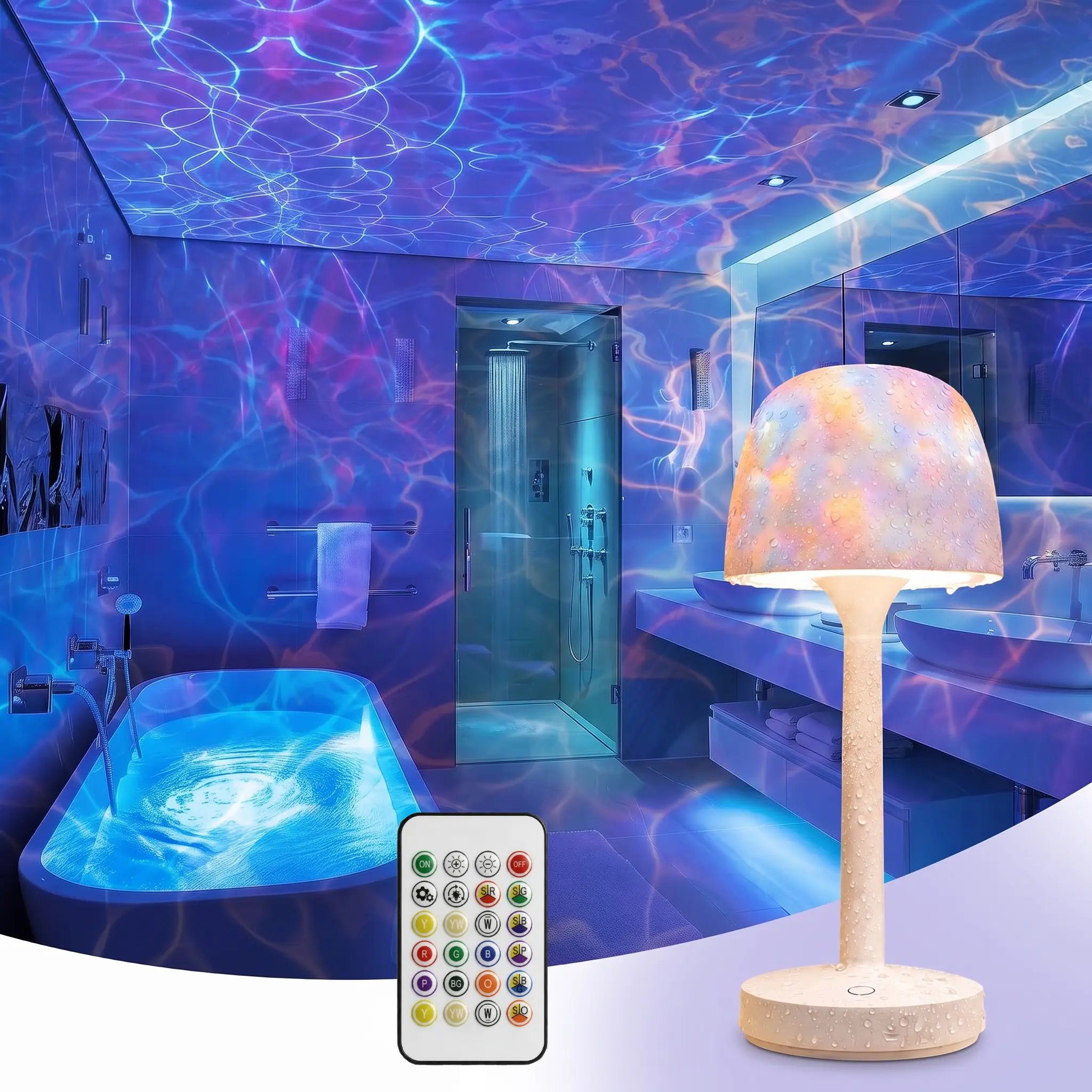 LuckyStone Shower Lamp Waterproof Sets with 16 Color Aurora/Ocean Wave/Water Ripple Desk Lamp, household lamp sets 3 White Modes,USB-C for Bathroom, Bedroom The Perfect Gift
