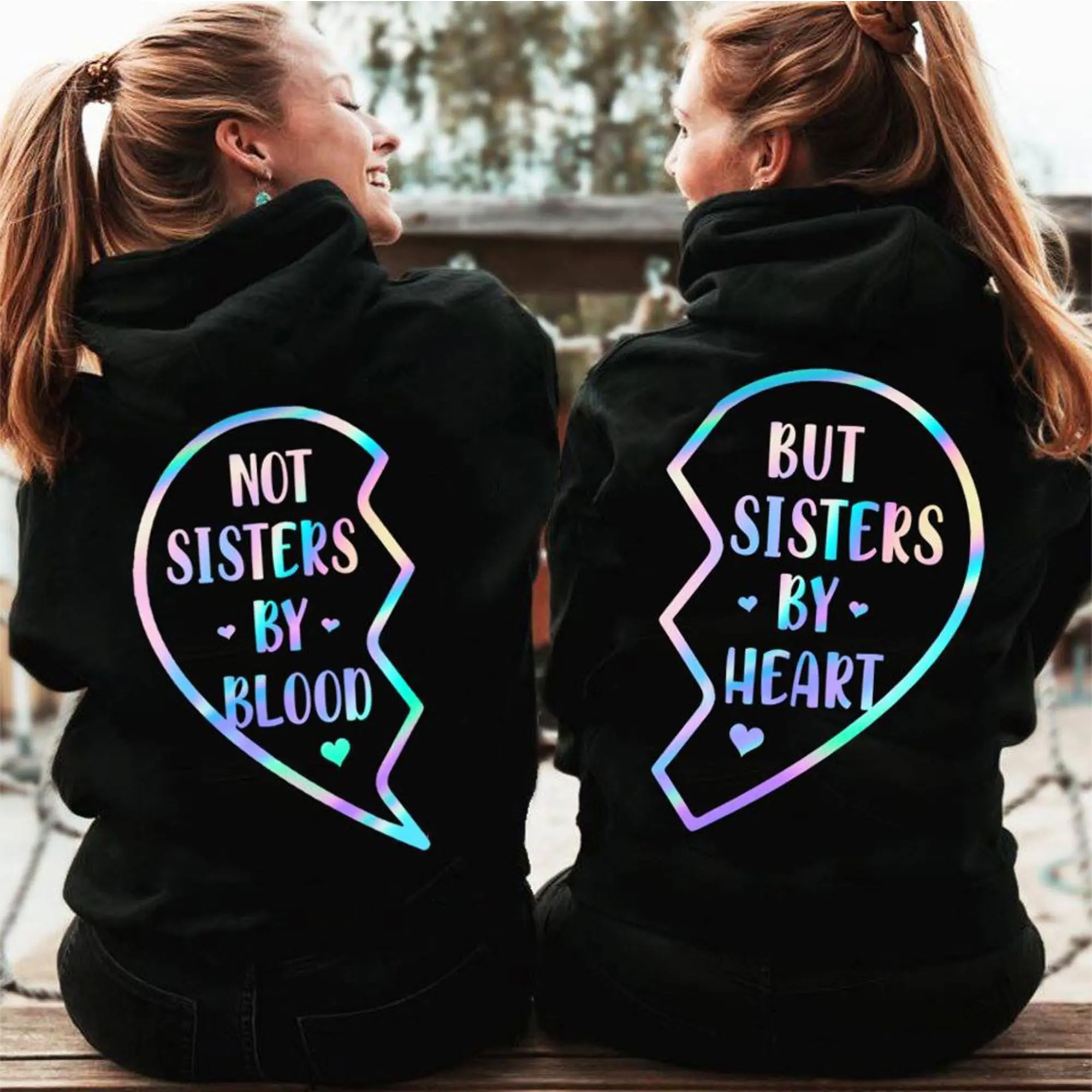 Sisters By Heart Matching Hoodies for 2 Best Friends, Casual Long Sleeve Pullover with Pocket, Seamless Spandex Blend Sweatshirt, Valentine's Day Gift, Women, Sweatshirts, Pullover Hoodie, Lightweight