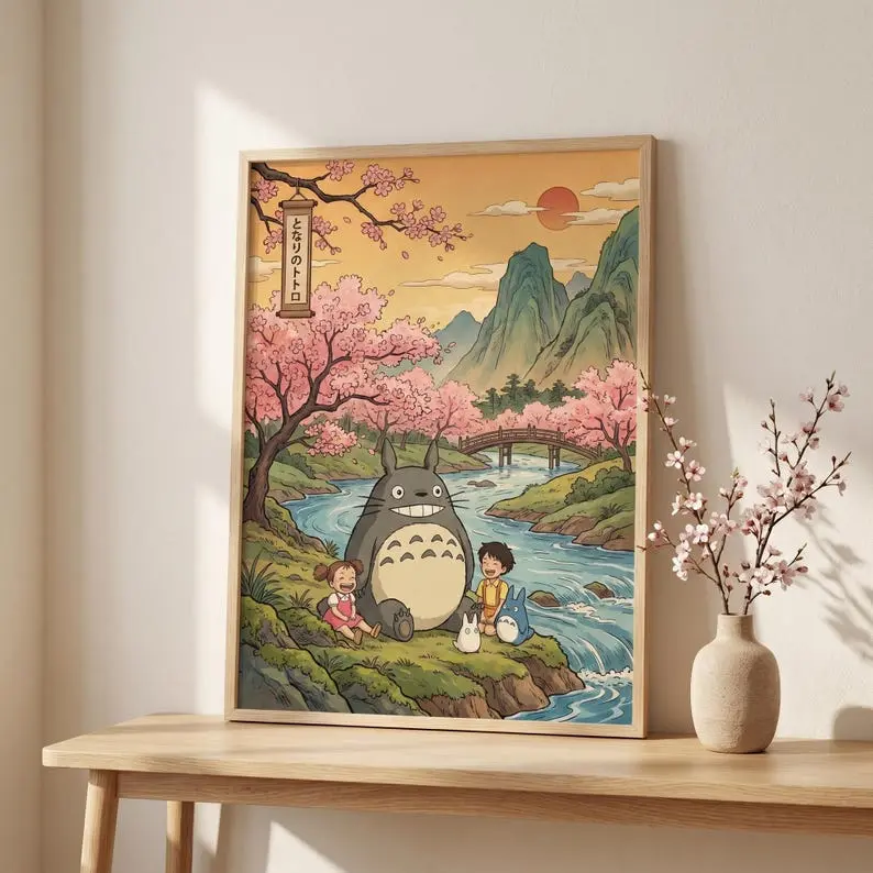 Totoro Inspired Japanese Landscape Print| Cherry Blossom Anime Poster | Cozy Studio Ghibli Style Decor | Cute Nature Art Gift 51 [UNFRAMED]