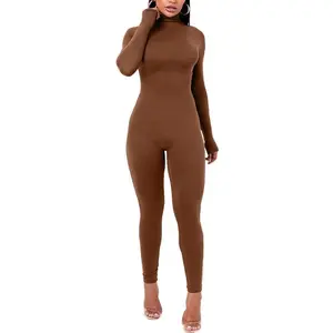 Women's Long Sleeve Turtleneck Jumpsuits Bodycon Zipper High Waist One Piece Casual Club Rompers