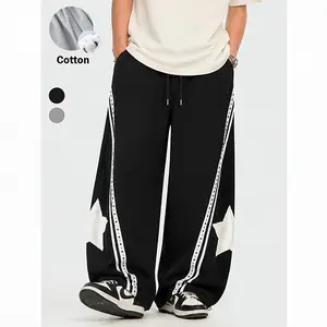 TELLFUN Men's Baggy Sweatpants, Y2K High-Waist Panel Barrel Style, Oversized Wide-Leg Fit, Star Patch & Studded Stripe Detail, Unisex Streetwear Outfits Tracksuit Bottoms