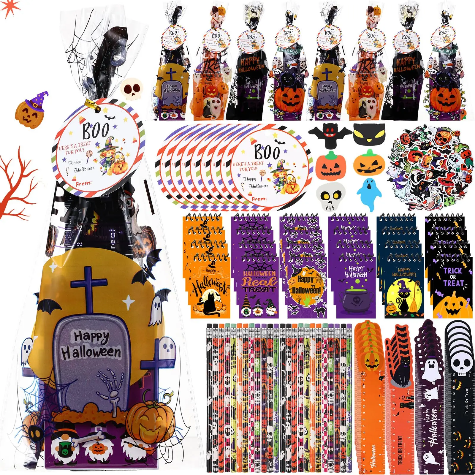 24 Sets Halloween-Style Kids' Stationery Gift Sets - Durable Notebook, Pencil, Ruler, 24 Erasers, 50 Stickers - Halloween Trick or Treat Goodie Bag Stuffers, Gift Basket Ideas for Elementary Students