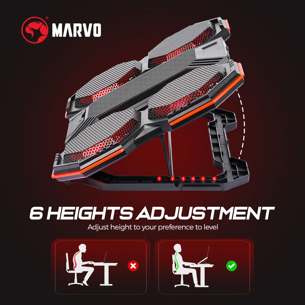 Marvo Gaming Laptop Cooler Stand - Computer Accessories with 6-Fan High-Efficiency Fan Cooling, Adjustable Speed, Single Knob-Controlled Backlit LEDs, Dual USB Ports, Integrated Phone Holder, 9-17.3 Inch Fit, Slim 39x92x70x36mm Design for Home, Travel, Ga