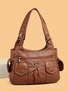 Retro practical texture motorcycle style handbag, multi back method niche design fashionable single shoulder crossbody bag, multi zipper pocket design, lightweight and easy to carry, suitable for commuting and shopping, Crossbody Shoulder Bags