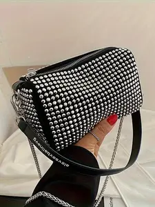 Elegant Rhinestone Crossbody Bag, Fashionable Casual Chain Shoulder Bag, Simple Design Women's Handbag, Trendy and Versatile Accessory, Evening Chain Purses