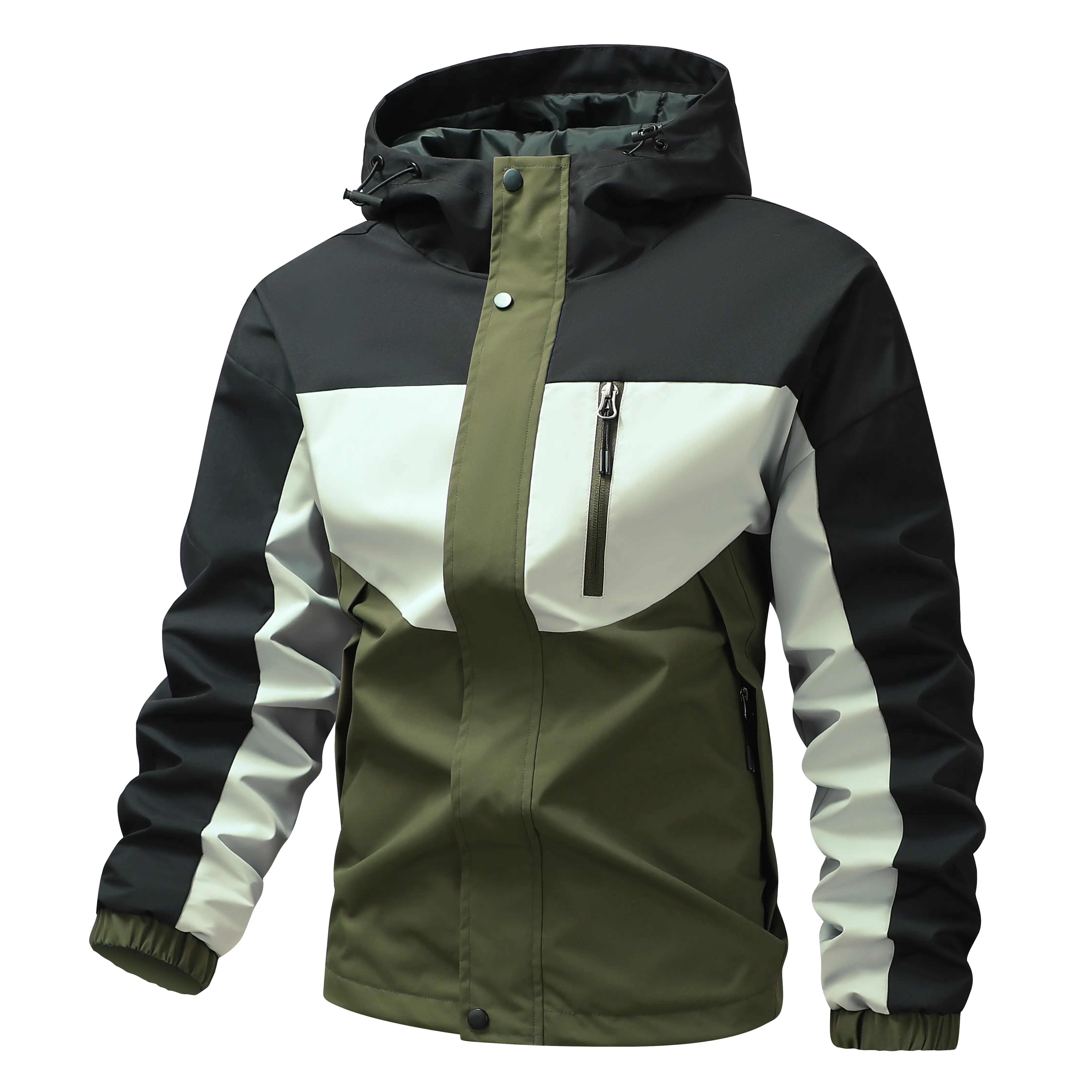 Men’s color-block hooded jacket with multiple zippered pockets, lightweight windproof outdoor mountaineering outerwear, windproof casual jacket for camping and everyday wear