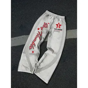 Men's Casual Sports Letter & Star Graphic Print Drawstring Waist Loose Flared Sweatpants, Going Out Long Street Wear Sweatpants, For Husband, Boyfriend Gifts, For Rave