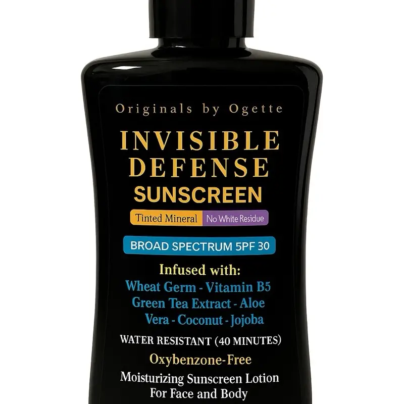 Ogette Invisible Defense Sunscreen for Melanin Skin SPF 30 Broad Spectrum Tinted Mineral Formula with Wheat Germ Vitamin E Green Tea Extracts Aloe Vera Coconut Jojoba 3.4oz