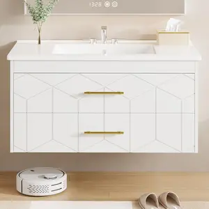 Garvee Modern Floating Bathroom Vanity with Sink, Ceramic Basin, 2 Large Storage Drawers with Gold Metal Handle, Wall Mounted Cabinet (No Faucet)