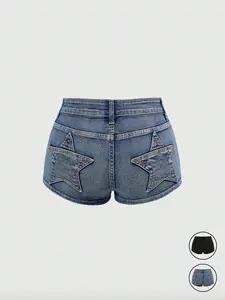 Women's Casual Retro Low-Rise Super Short Butt Pocket Star Patch Low Waist Denim Shorts, Y2K Stretch Denim Shorts, Comfortable and Stylish Chic Summer Bottoms, Perfect for Daily Wear and Leisure Activities
