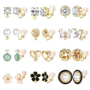 12Pairs Women Love Flower Heart Non-Pierced Earrings Multicolored Clip Earrings Set for Women An Ideal Birthday's Perfect Gift