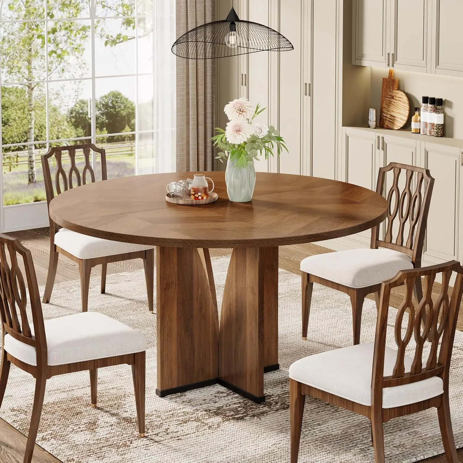 LITTLE TREE Round Dining Table, 39.37" Wood Kitchen Table for 4 People, Farmhouse Dinner Table with Wooden Table Top and Legs, Rustic Brown Dining Table for Dining Room Living Room (Brown)