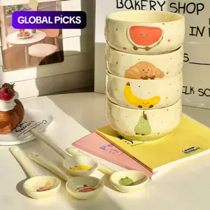 4 Set Cute Fruit Ceramic Bowl Creative Decorative Kawaii Hand-painted Ceramic Anti-scald Soup Bowl Home Kitchen Noodle Ramen Tableware Bowl Ceramic Food Bowl #GLOBAL PICKS