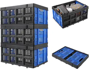 Collapsible Milk Crate, 14.5 Gallon Stackable Heavy Duty Plastic Storage Crate with Handle, 55 Lb Capacity, Folding Storage Busket Foldable Bin for Home Office Farm, Blue