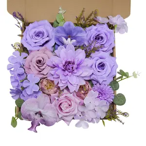 YUAGOLLE Artificial Flowers for Home Decor: Decorative Flower Arrangement, Purple Silk Fake Flowers Bulk Boxed Set, Peonies Roses Bouquet with Stems for Table Centerpieces, Wedding, Bridal Shower, Baby Shower, Tea Party, DIY Cake