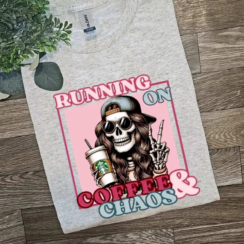Cute running on coffee and chaos popular momlife motherhood mama skulls coffee tee