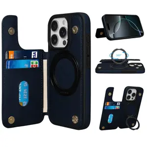 TOCQELOY Case for iPhone 16 Pro Wallet Case with 360° Rotatable Ring Kicktand Card Holder RFID Blocking Card Slots Case Double Magnetic Clasp and Durable Shockproof Cover for 6.3 Inch. Blue