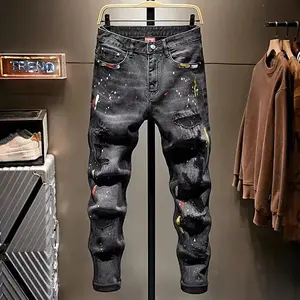 Men's Slim Straight Leg Jeans Spring Autumn Low Waist Painted fiti Design Fake Ripped European Luxury Long Trousers