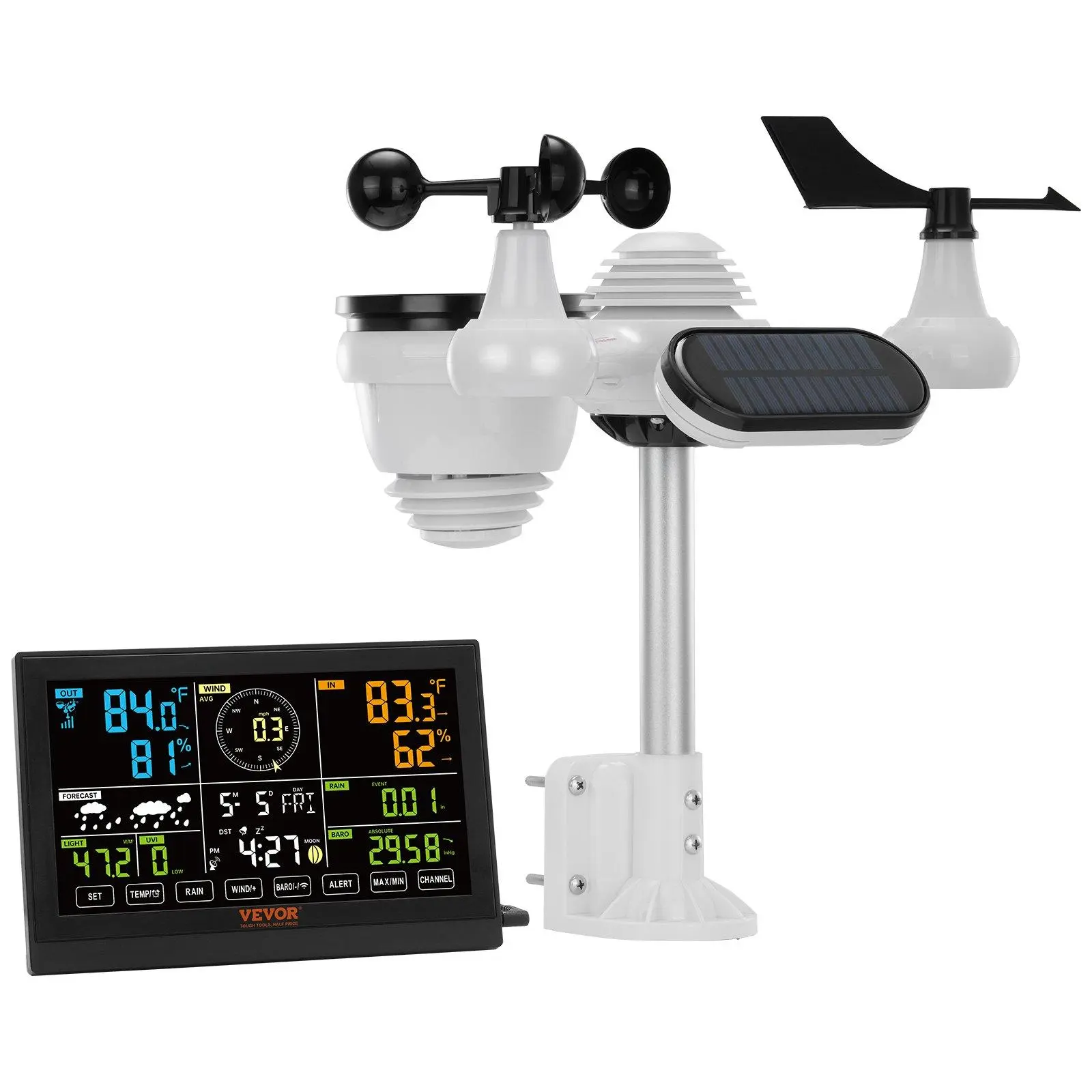 VEVOR 7-in-1 Wireless Weather Station with 7.5 in Large Color Display, Solar Panels, Batteries, Indoor-Outdoor Thermometers, Wind Speed-Direction, Rain UV Monitoring, Forecast Data, Alarm Alerts (Father's Day Gift for Bedroom, Living Room)