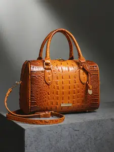 Crocodile Embossed Boston Bag, Women's brown Ombre PU Leather Top Handle Purse with Detachable Crossbody Strap