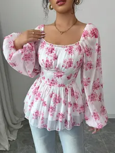 A women's pink floral flower print elegant temperament waist waist design Fitted square collar Long Sleeve Blouses shirt, suitable for spring and summer, suitable for outdoor, leisure, travel wear, Casual Classy Top