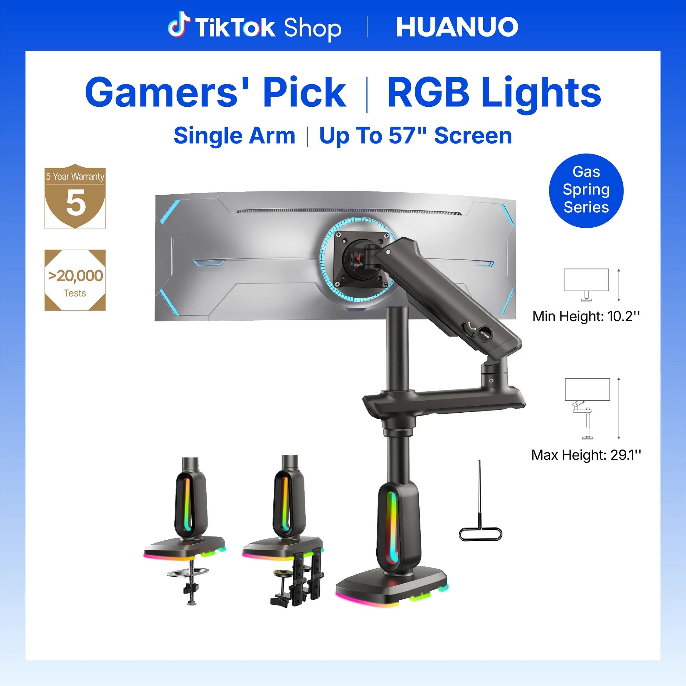 HUANUO Adjustable Ergonomic Heavy-Duty Monitor Arm - Office Furniture Computer Desk Accessory, Space-Saving Single Mount with RGB/Non-RGB Options, Up to 57" Ultrawide Screen Compatibility, 44 lbs Capacity, 29.1" Tall Reach, Max VESA 100x100mm