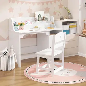 Kids Desk and Chair Set Wooden Children Study Table with Hutch Storage Cabinet Student Writing Desk Computer Workstation Study Desk for Boys Girls White Furniture Organizer Ergonomic Design for Ages 3-8