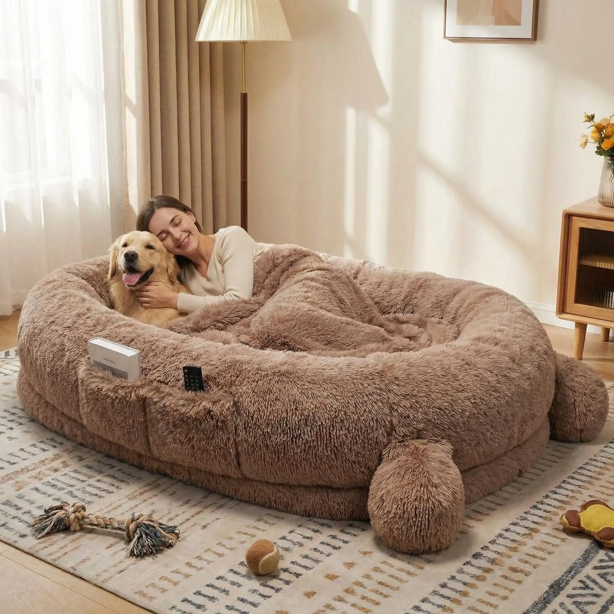 Brown Human Sized Dog Bed, 71" x 45" x 12" Large Dog Bed with 2 Storage Pockets, Fluffy Faux Fur Orthopedic Pet Bean Bed for Adults & Giant Pets