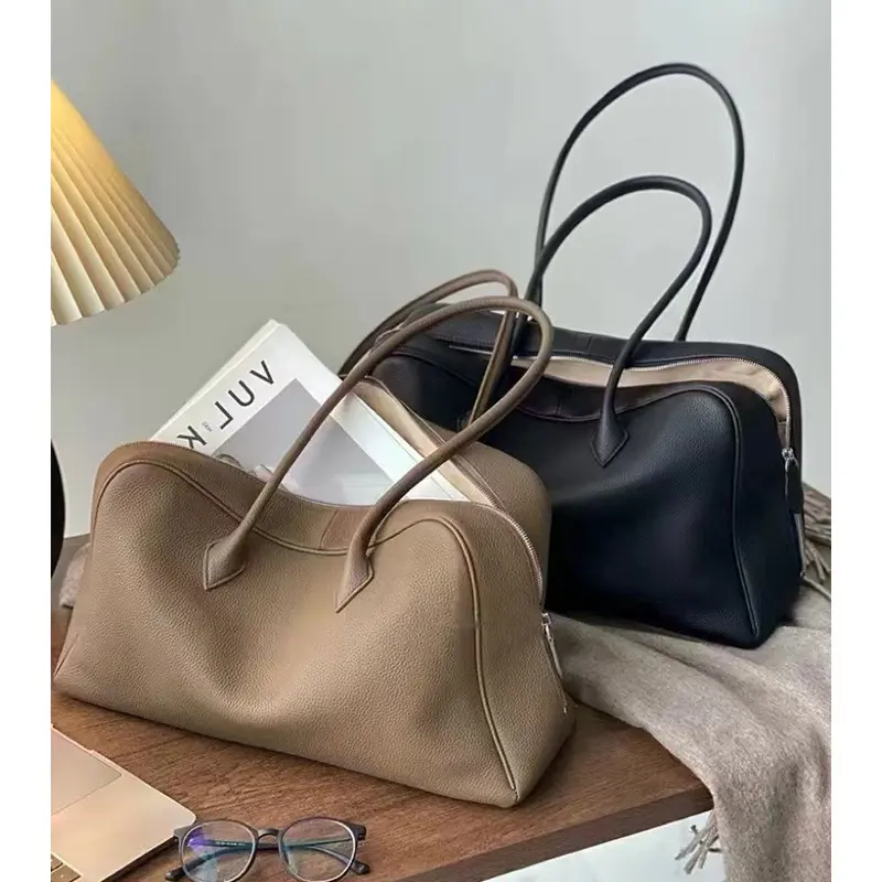 Top-Grain Leather Minimalist Style Genuine Leather Large Bag 2025 New Boston Bag Large Capacity Top Layer Cowhide Underarm Tote Bag Shoulder Bag