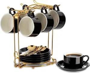 Espresso Cups Set of 6 with  Spoons and Foldable Stand, 2.5oz Black Coffee Cup and  Set for Cappuccino, Latte, , , Hot Drinks